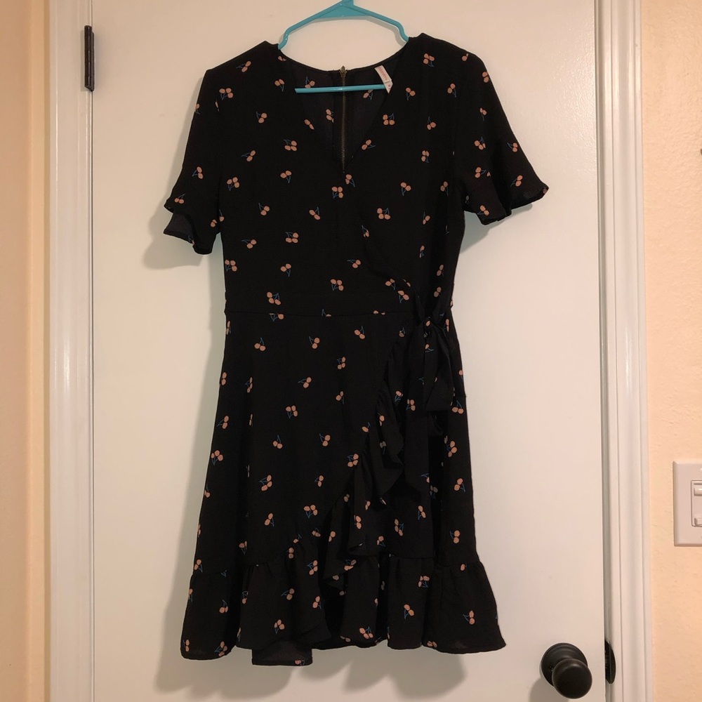 Cherry dress with zipper back and ruffle on skirt